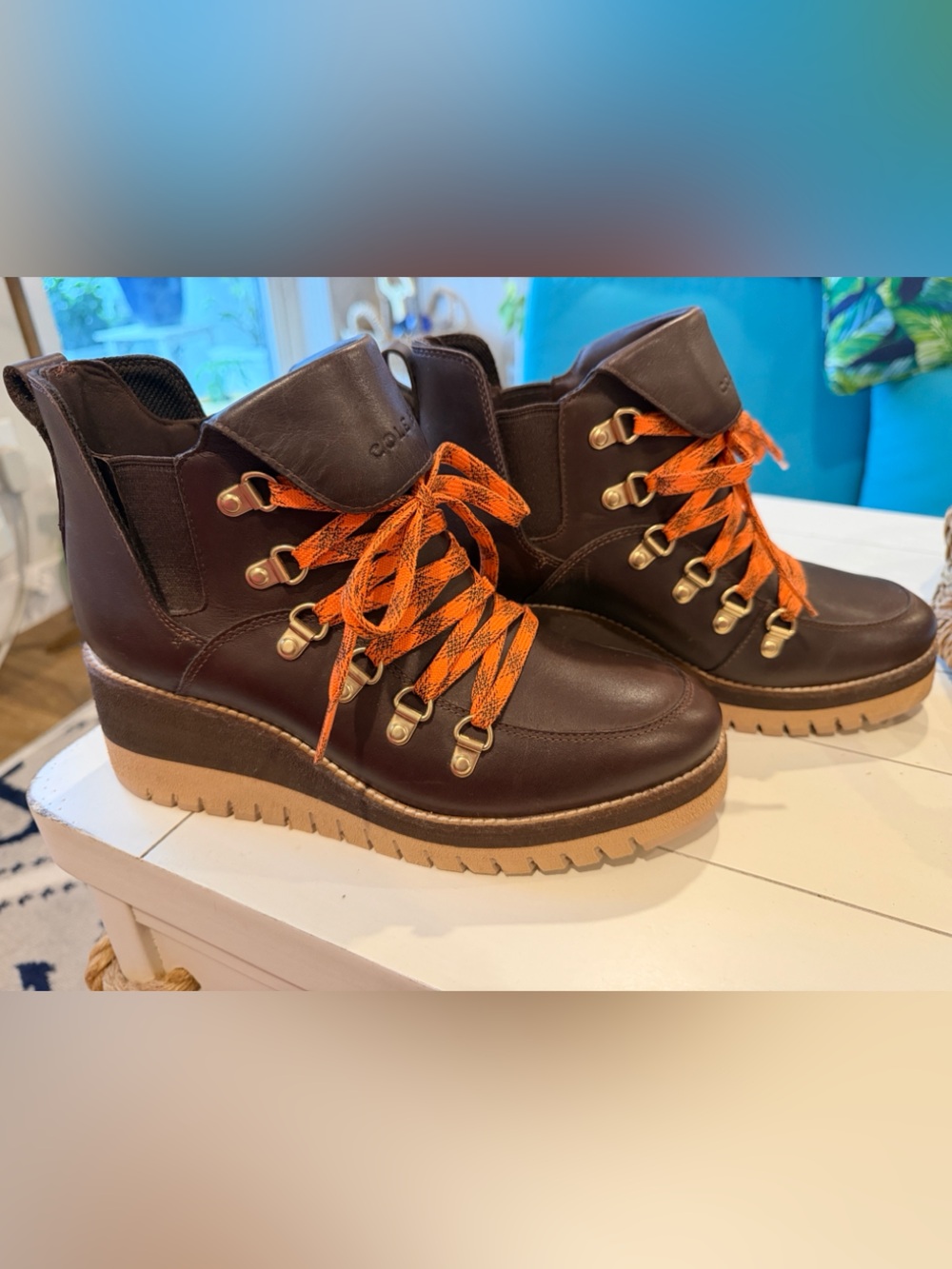 Cole Haan Brown Leather GrandExplorer Boots with Orange Laces